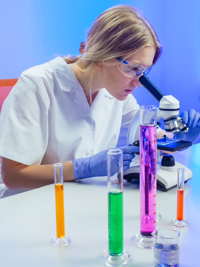 A scientist examines colorful liquids in a lab using a microscope.